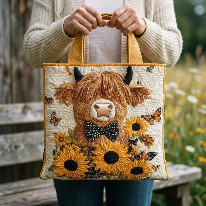 Women's Quilted Highland Cow Tote Bag with Sunflower Print