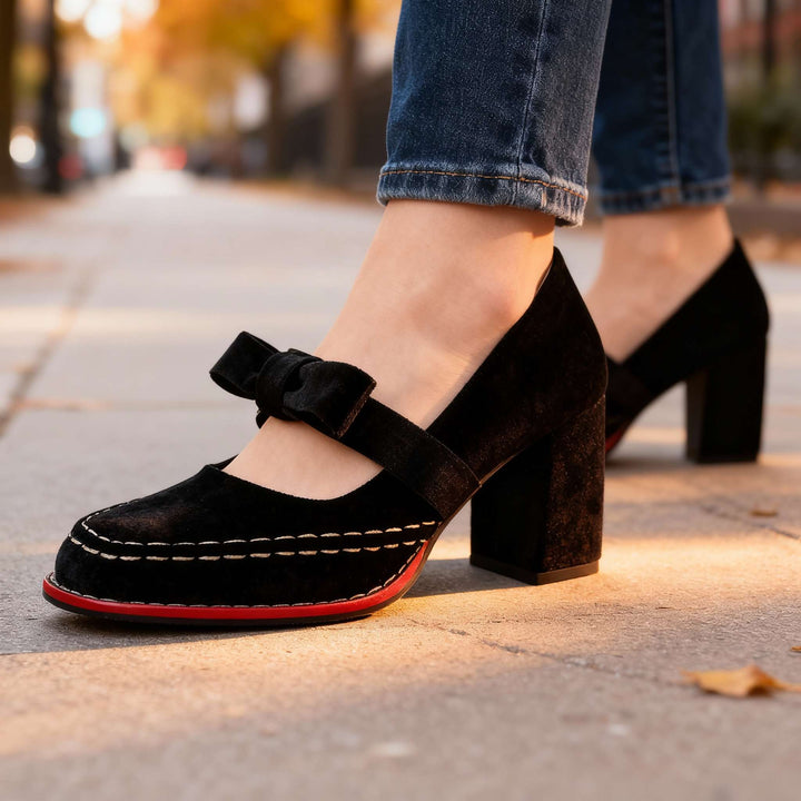 Women's Velvet Mary Jane Heels with Bow Detail