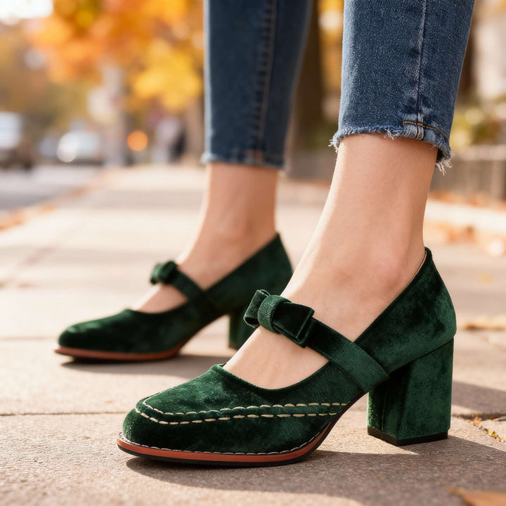 Women's Velvet Mary Jane Heels with Bow Detail