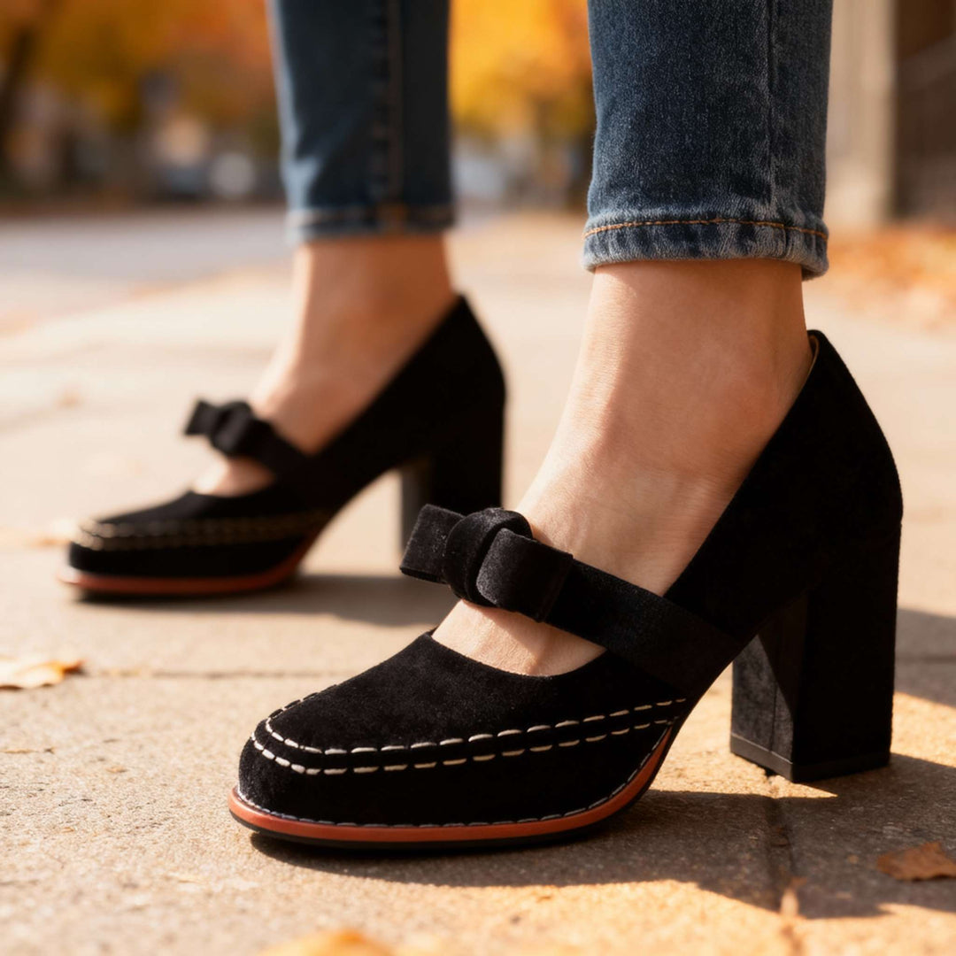 Women's Velvet Mary Jane Heels with Bow Detail