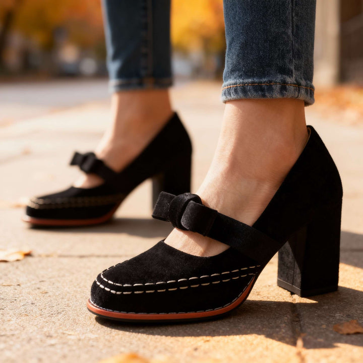 Women's Velvet Mary Jane Heels with Bow Detail