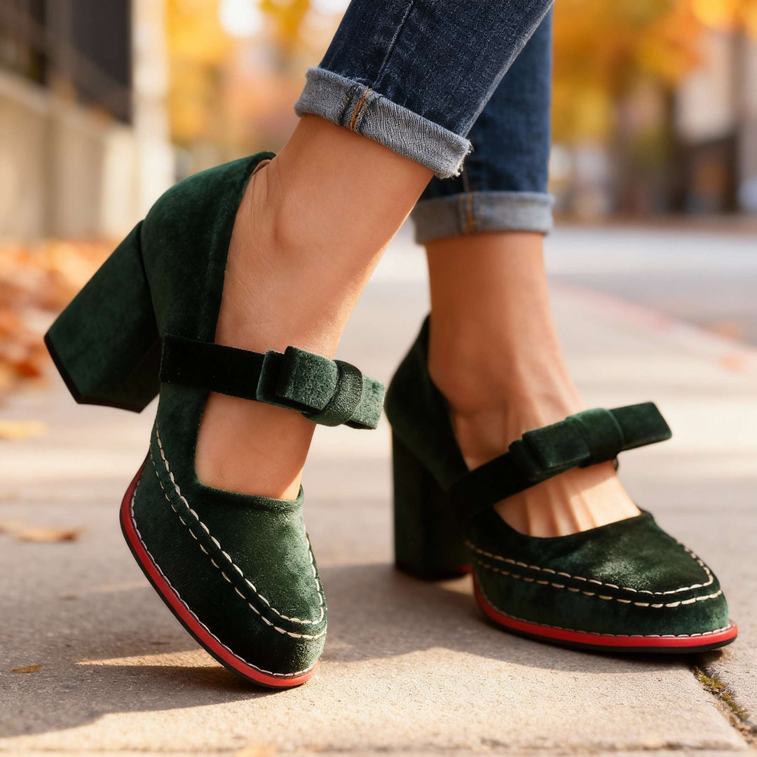 Women's Velvet Mary Jane Heels with Bow Detail