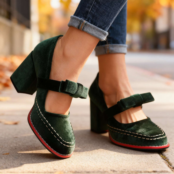 Women's Velvet Mary Jane Heels with Bow Detail