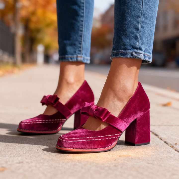 Women's Velvet Mary Jane Heels with Bow Detail