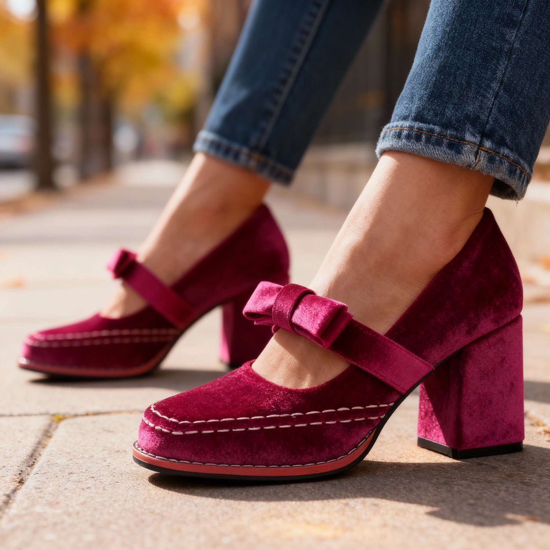 Women's Velvet Mary Jane Heels with Bow Detail