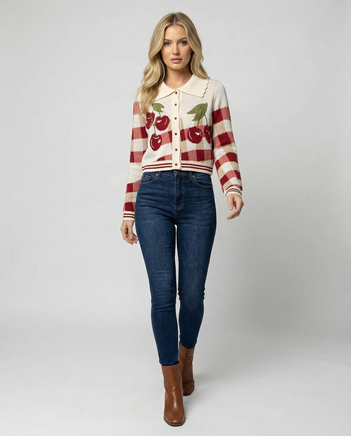 Camila | Cherry Print Collared Knit Cardigan