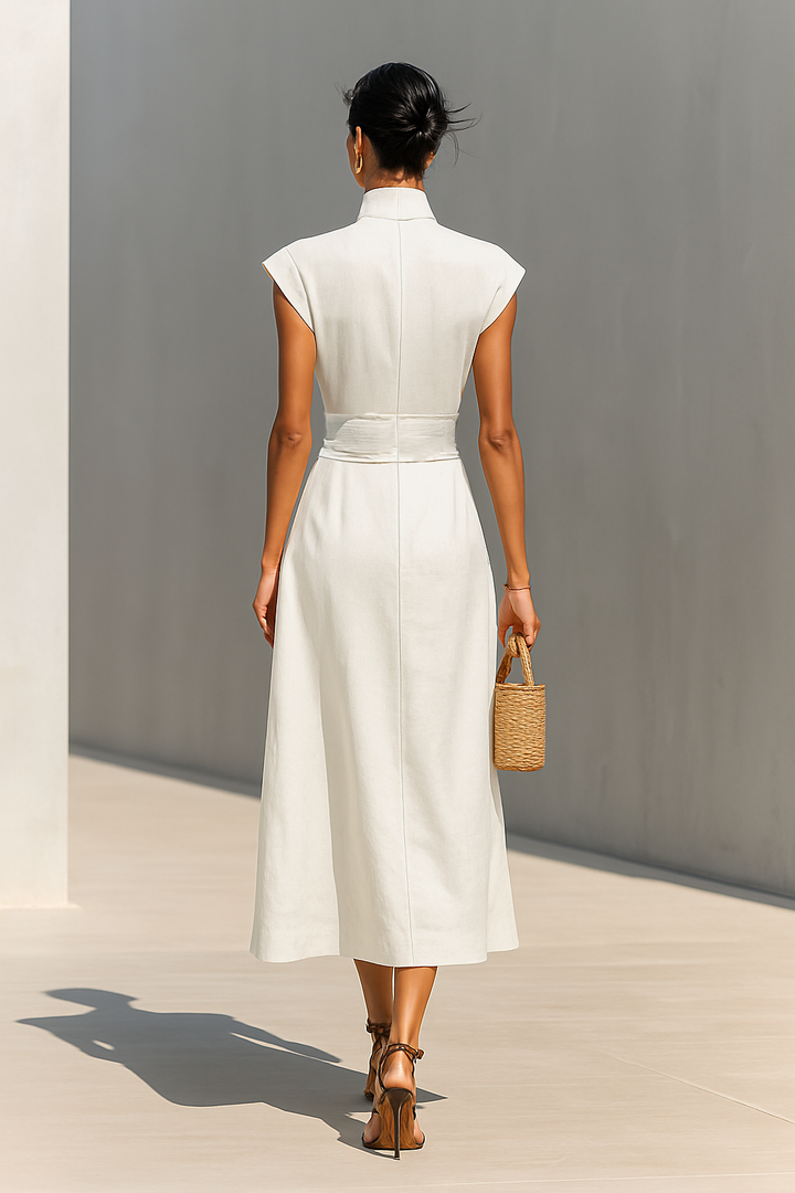 Women's Linen Maxi Dress with Sash Waist