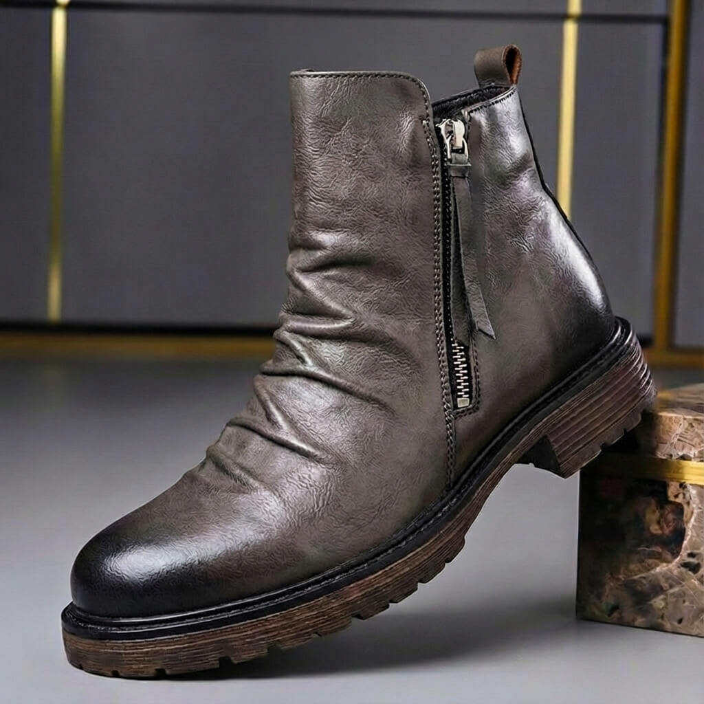 Men's Waxed Ankle Boots with Side Zip and Ruched Front