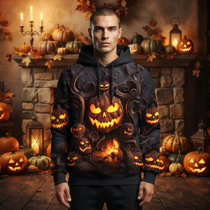 Men's Halloween Pumpkin Print Hoodie with Kangaroo Pocket