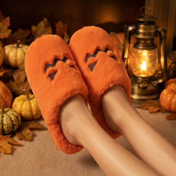 Women's Plush Pumpkin Halloween Slippers with Face Cutout