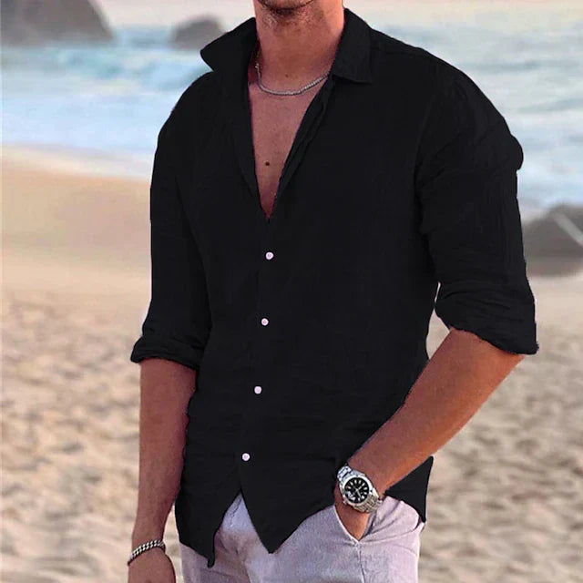 Men's Linen Button-Up Shirt with Point Collar