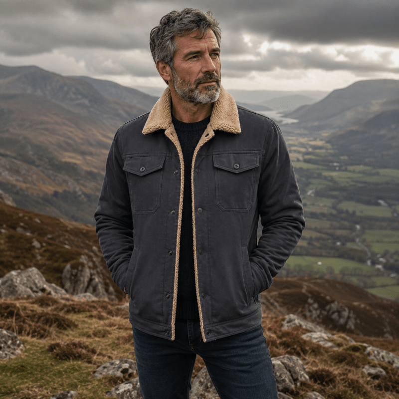 Men's Borg-Lined Winter Jacket with Snap Button Fastening
