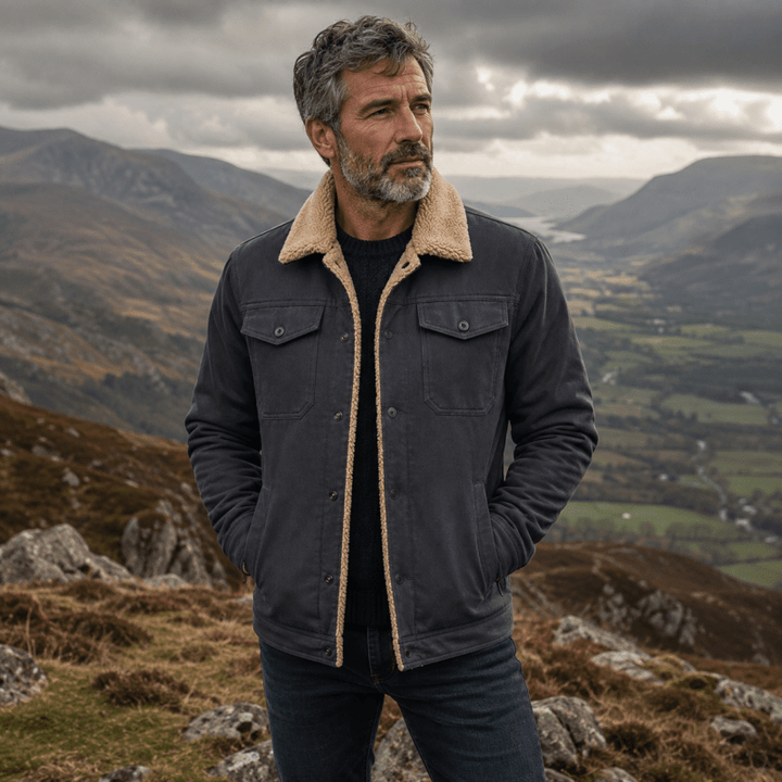 Men's Borg-Lined Winter Jacket with Snap Button Fastening