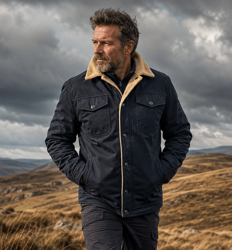 Men's Borg-Lined Winter Jacket with Snap Button Fastening