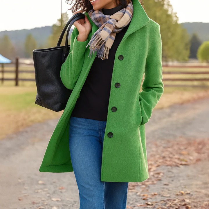 Women's Mid Length Button Coat with Structured Collar