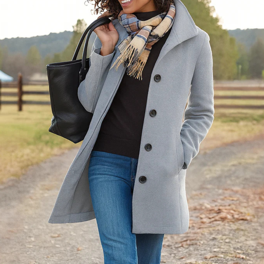 Women's Mid Length Button Coat with Structured Collar