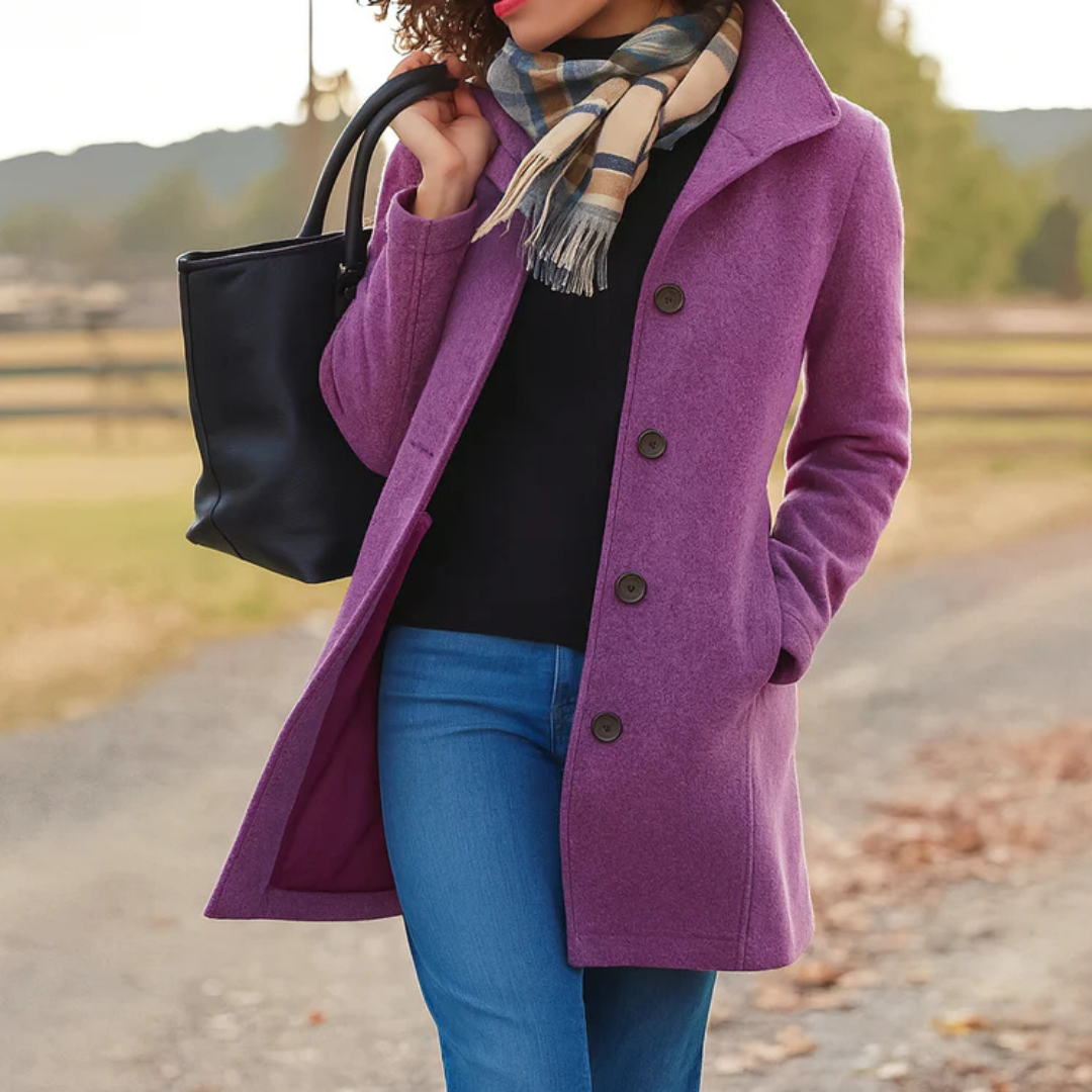Women's Mid Length Button Coat with Structured Collar