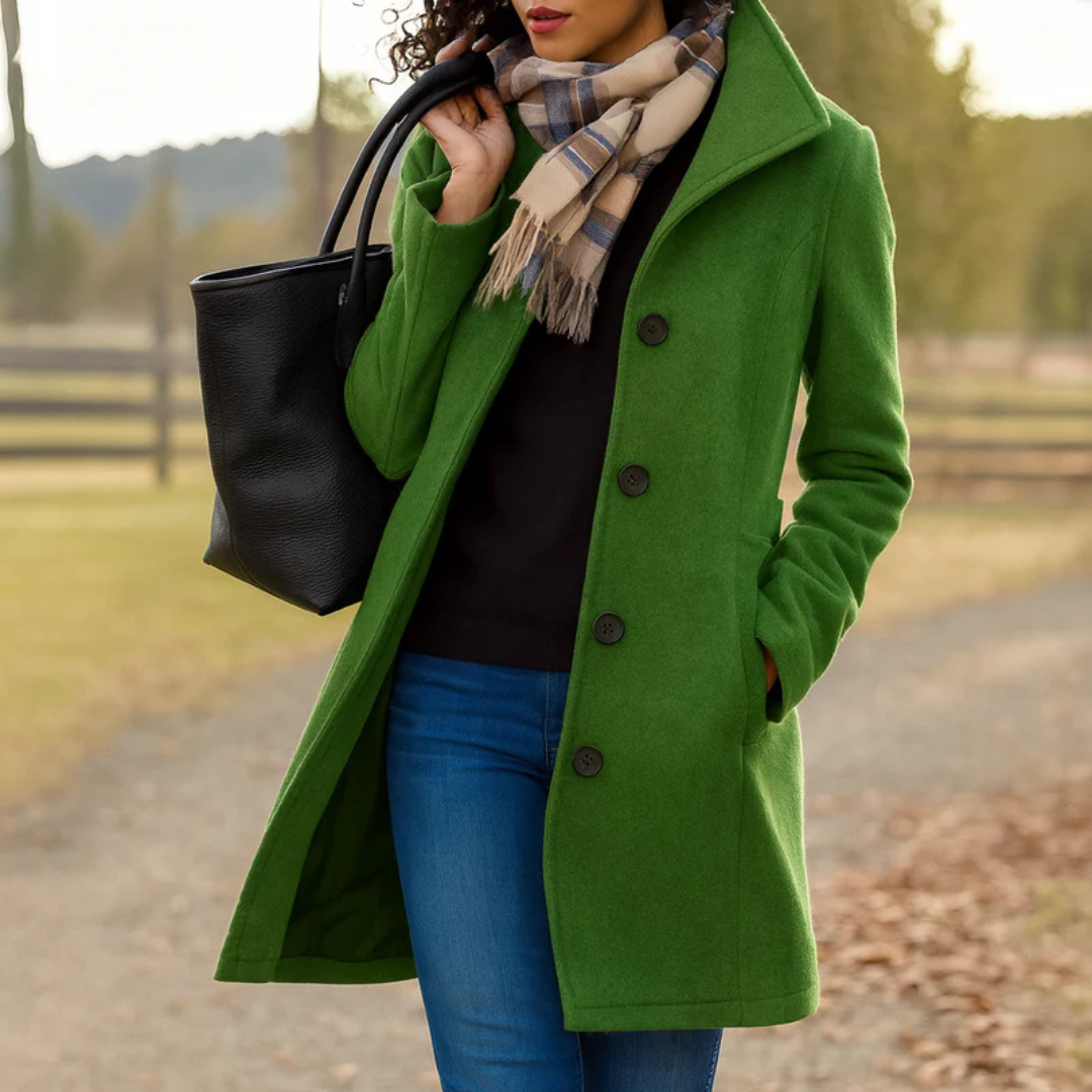 Women's Mid Length Button Coat with Structured Collar
