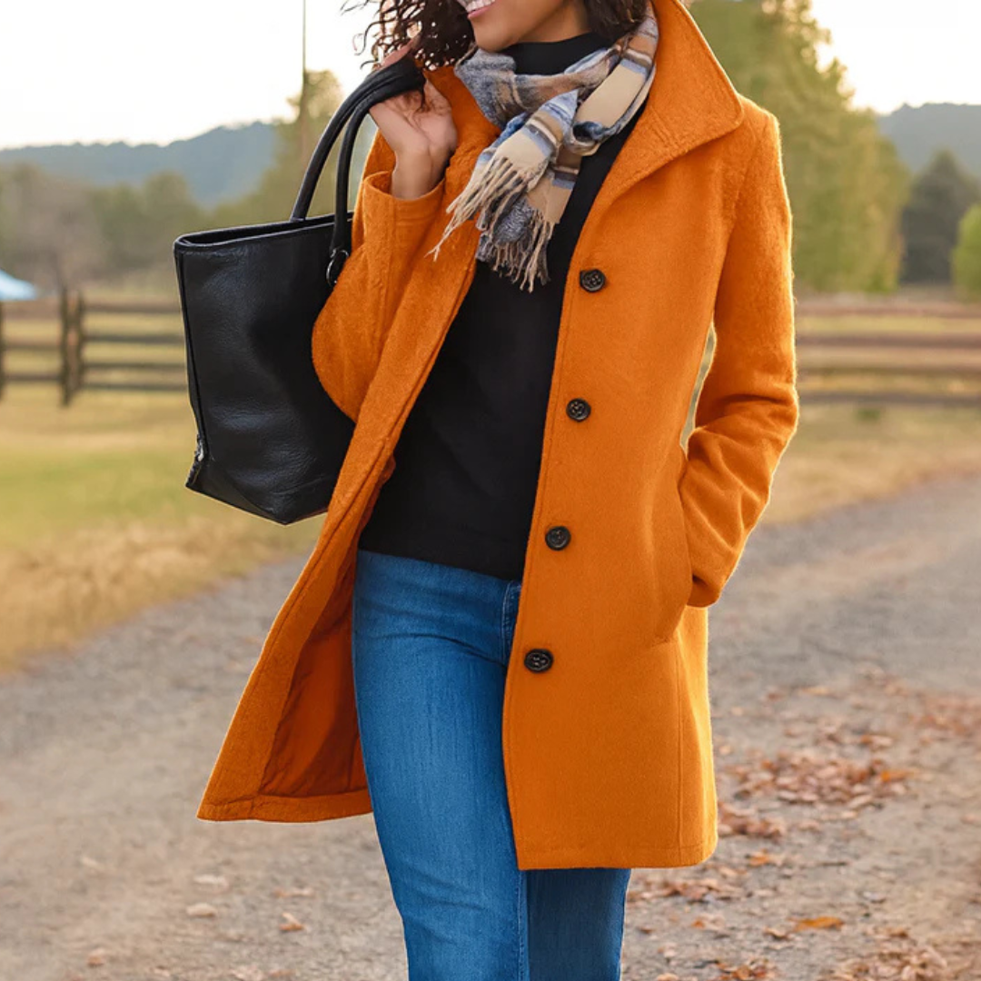Women's Mid Length Button Coat with Structured Collar