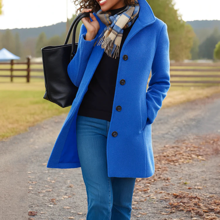 Women's Mid Length Button Coat with Structured Collar