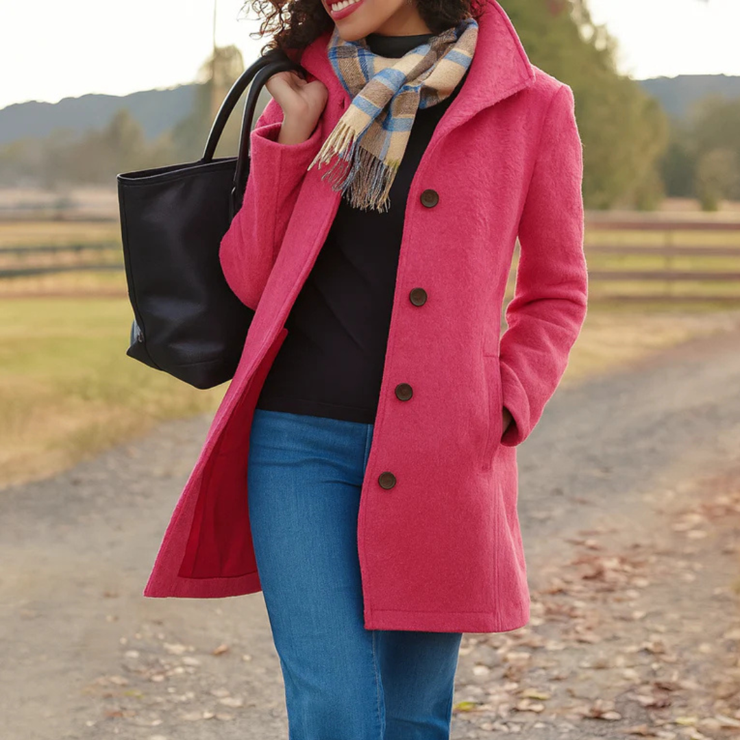 Women's Mid Length Button Coat with Structured Collar