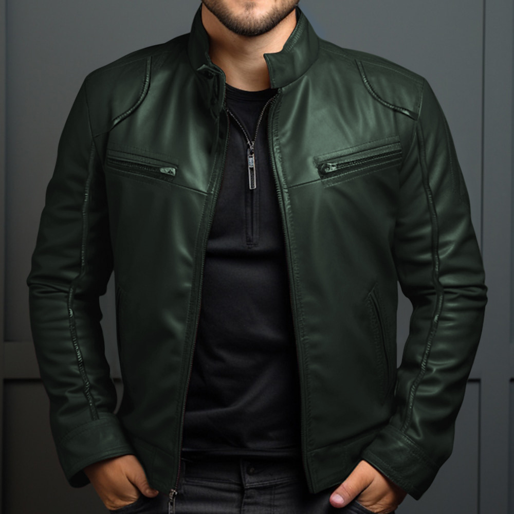 Men's Stand Collar Zip Jacket with Chest Pockets