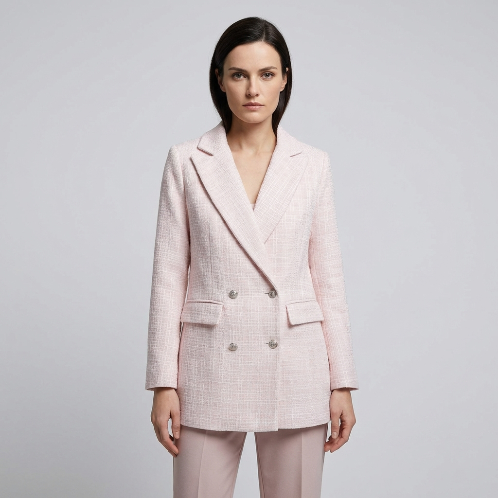 Women's Tweed Double-Breasted Blazer with Notched Lapel