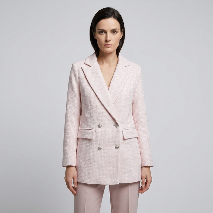 Women's Tweed Double-Breasted Blazer with Notched Lapel