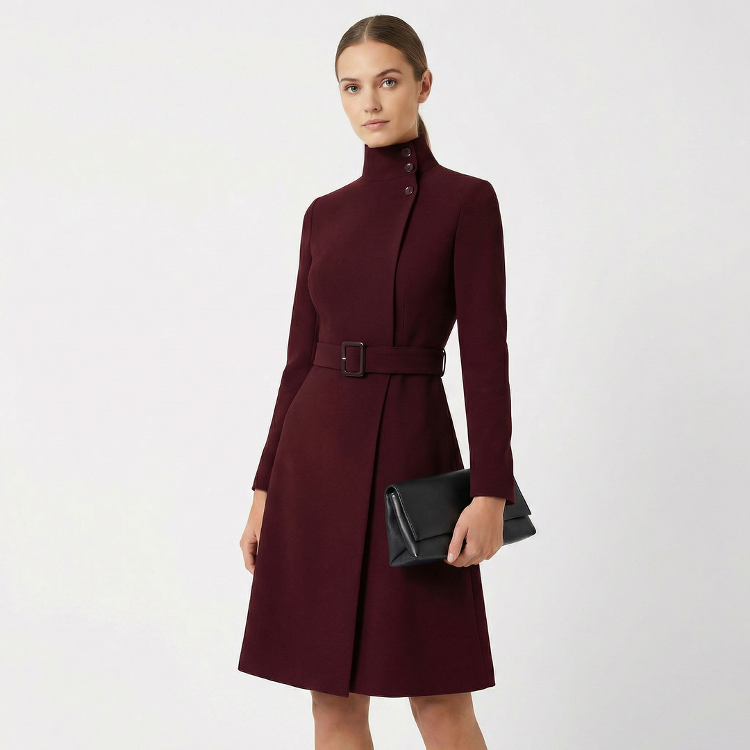 Belted Long Sleeve Formal Midi Dress