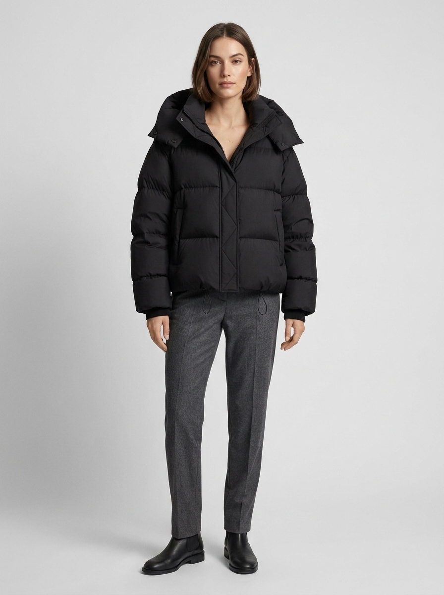 Women's Cropped Puffer Jacket with Funnel Neck Collar
