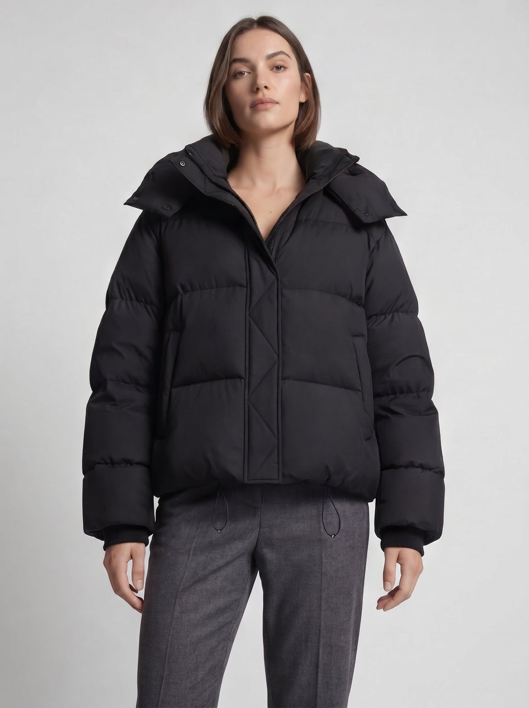 Women's Cropped Puffer Jacket with Funnel Neck Collar