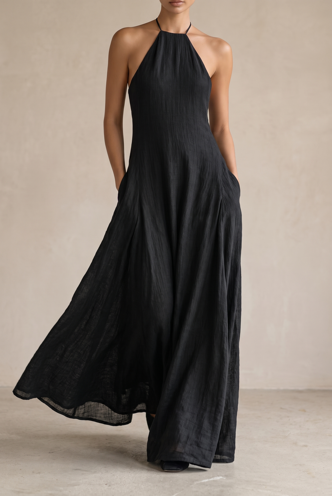 Women's Linen Halter Maxi Dress with Flowing Skirt