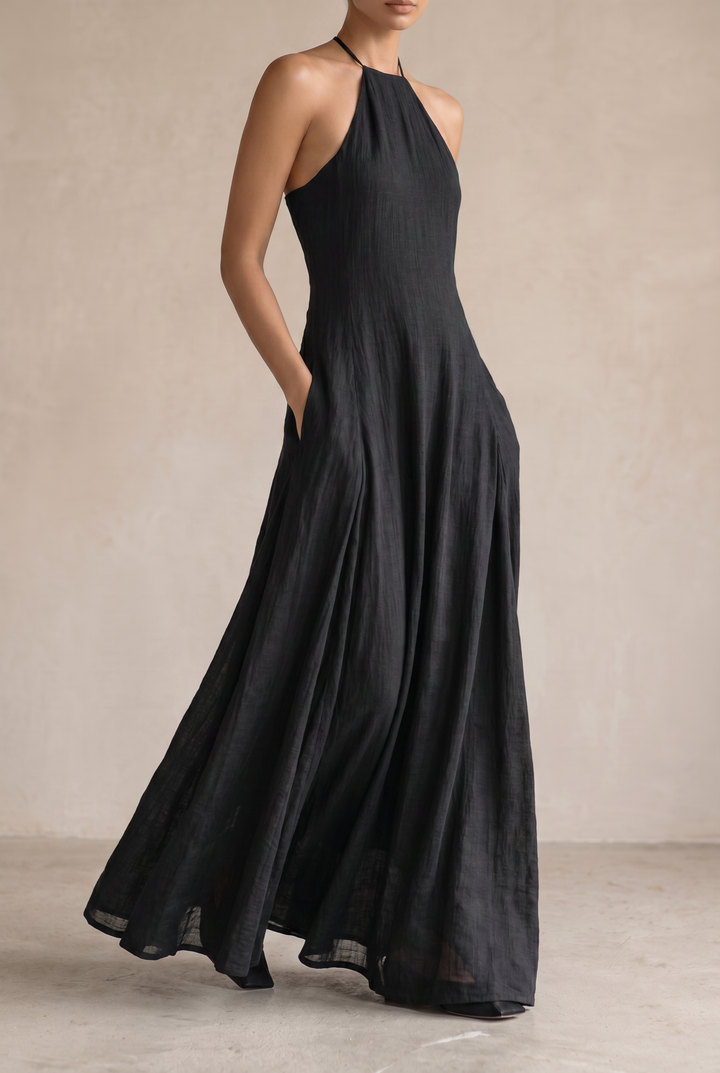 Women's Linen Halter Maxi Dress with Flowing Skirt