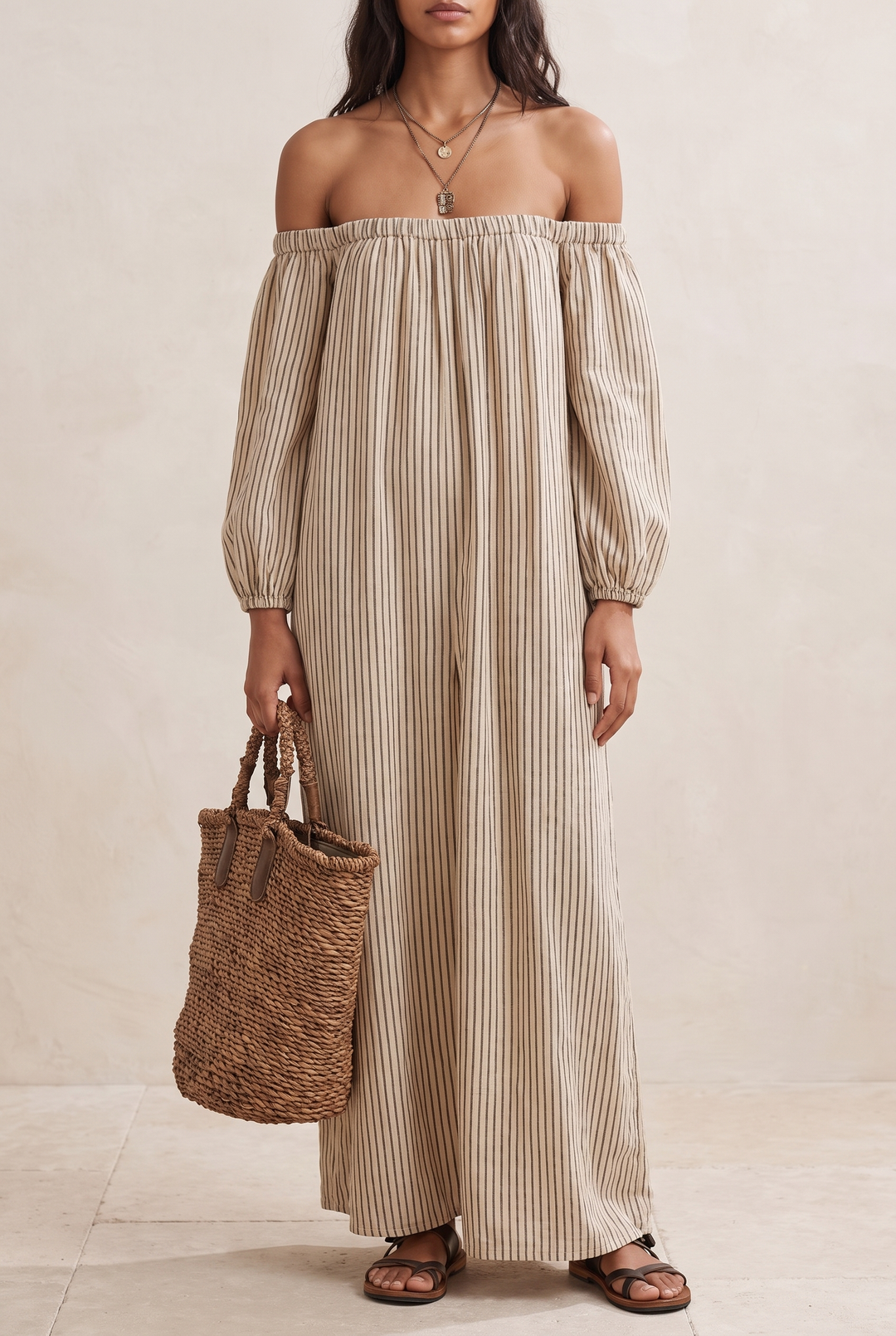 Women's Striped Off-Shoulder Maxi Dress