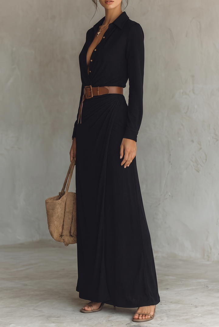 Women's Belted Shirt Collar Maxi Dress
