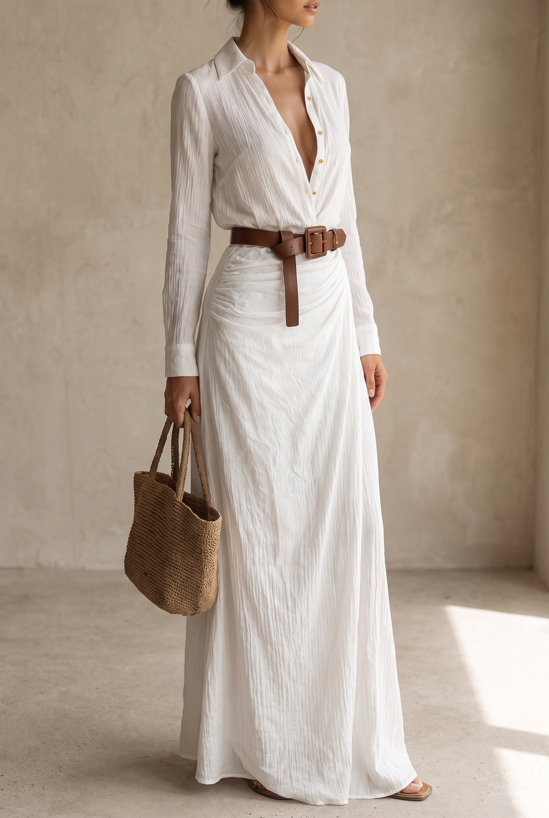 Women's Belted Shirt Collar Maxi Dress