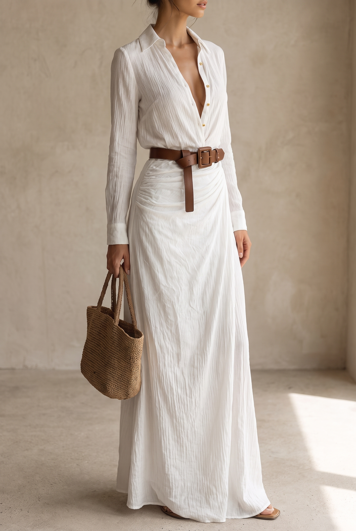 Women's Belted Shirt Collar Maxi Dress