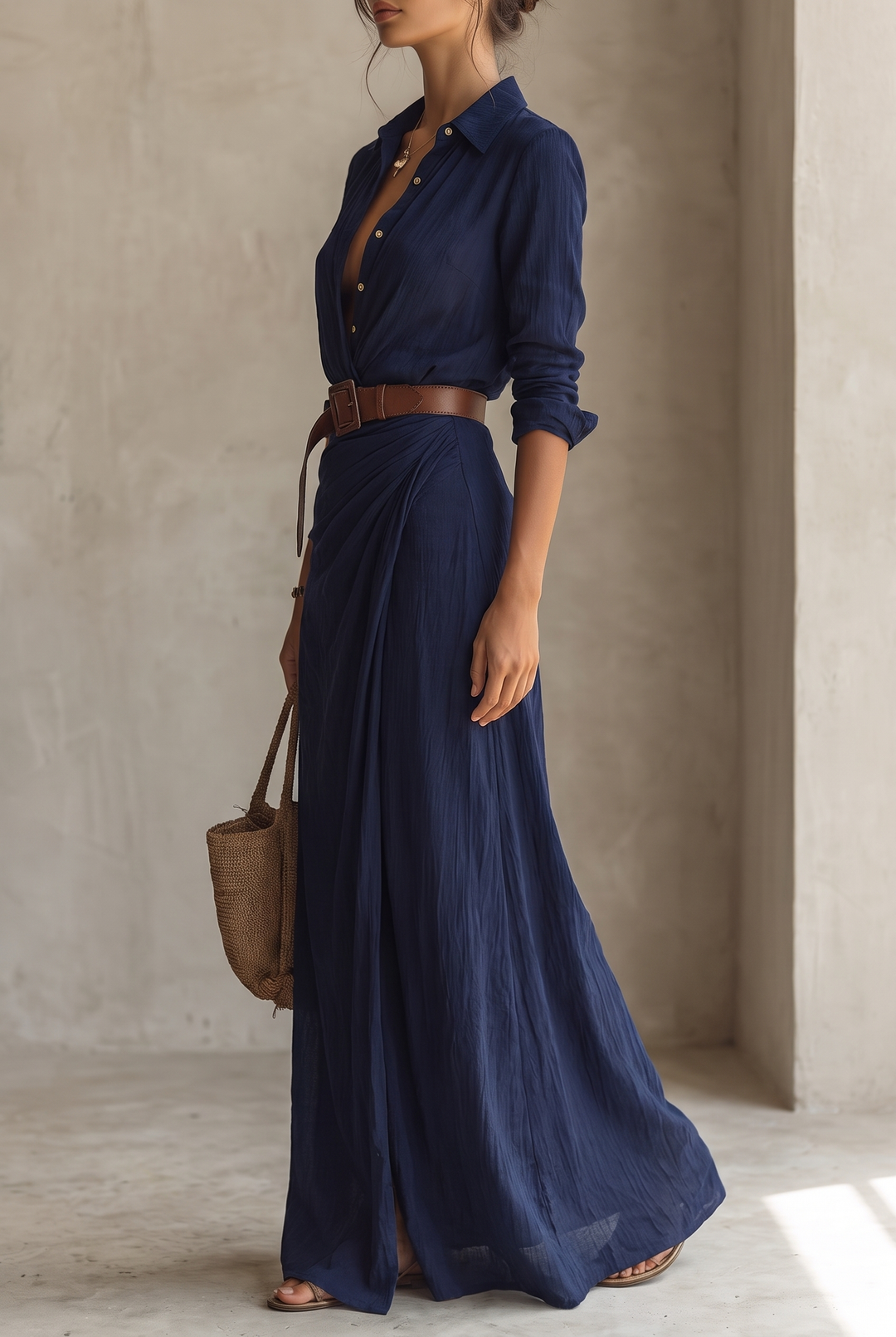 Women's Belted Shirt Collar Maxi Dress