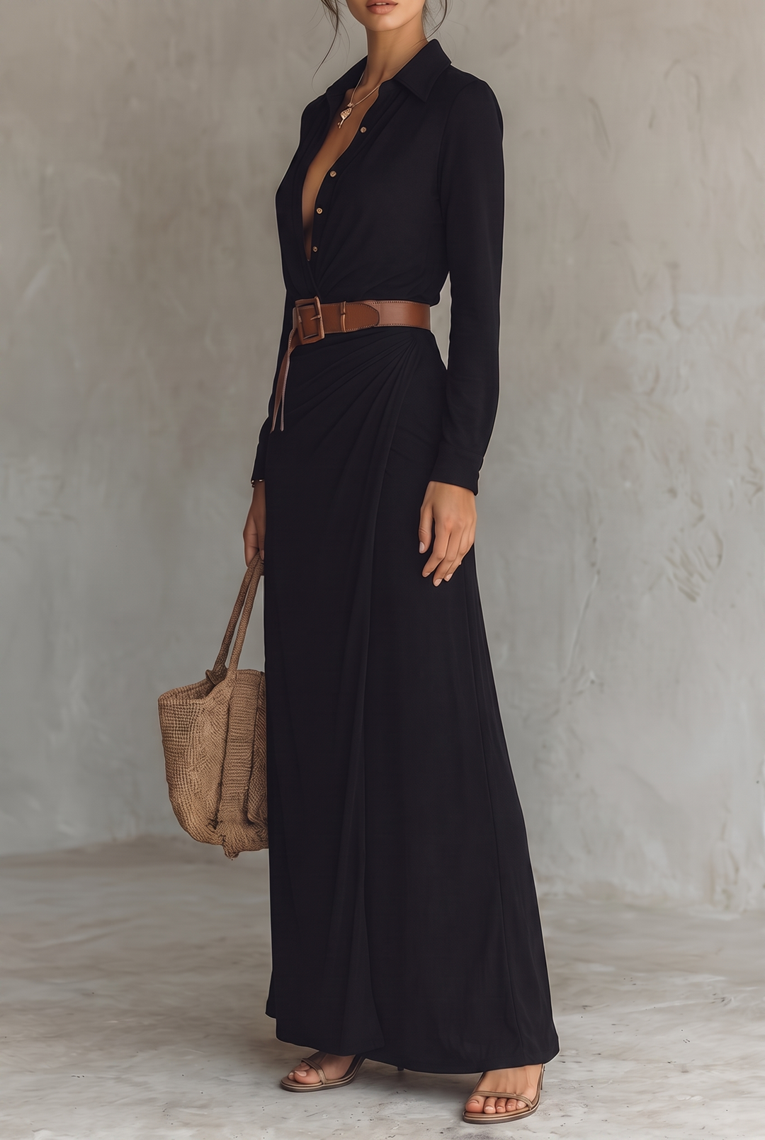 Women's Belted Shirt Collar Maxi Dress