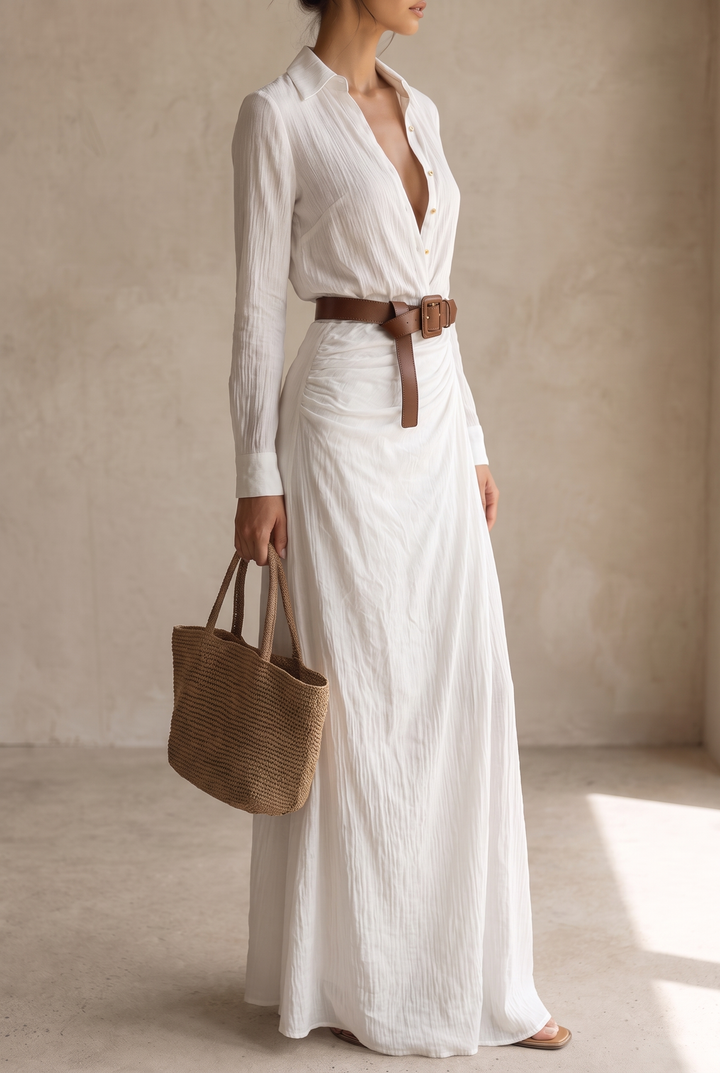 Women's Belted Shirt Collar Maxi Dress