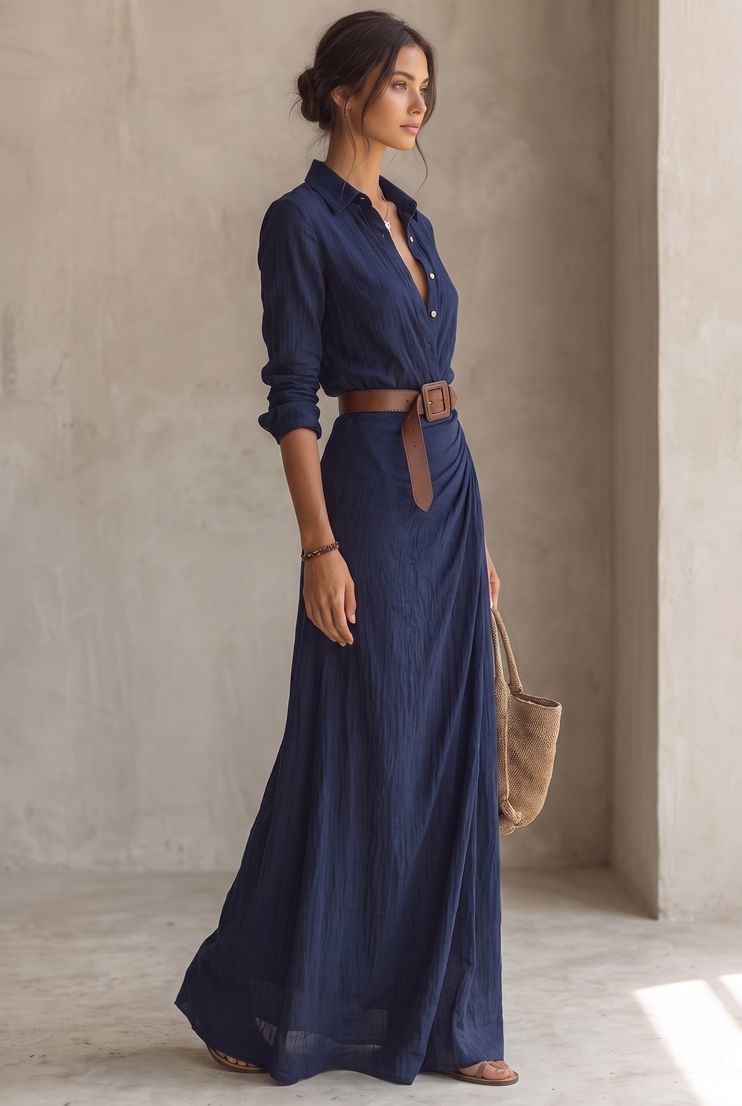 Women's Belted Shirt Collar Maxi Dress