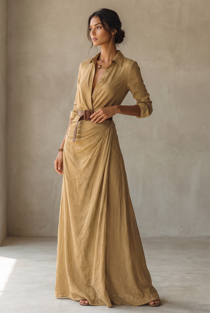 Women's Belted Shirt Collar Maxi Dress