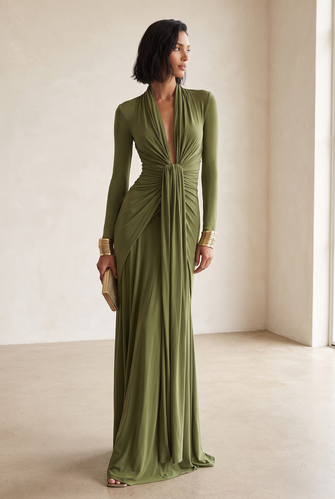 Women's Draped Formal Dress with Plunge Neckline