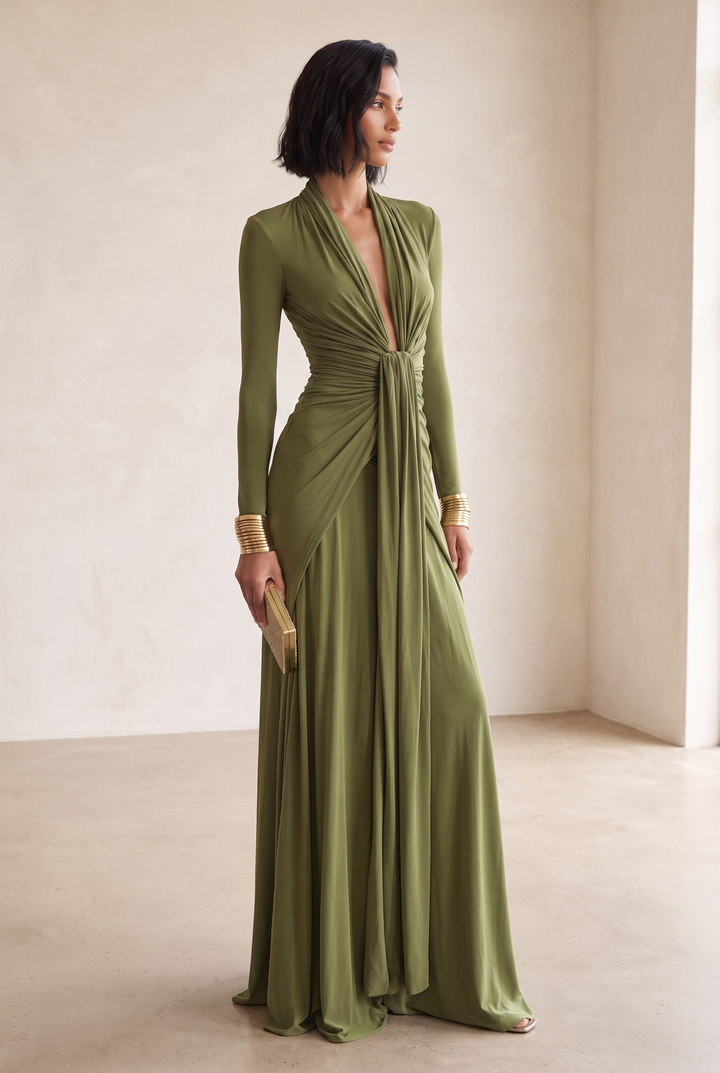 Women's Draped Formal Dress with Plunge Neckline