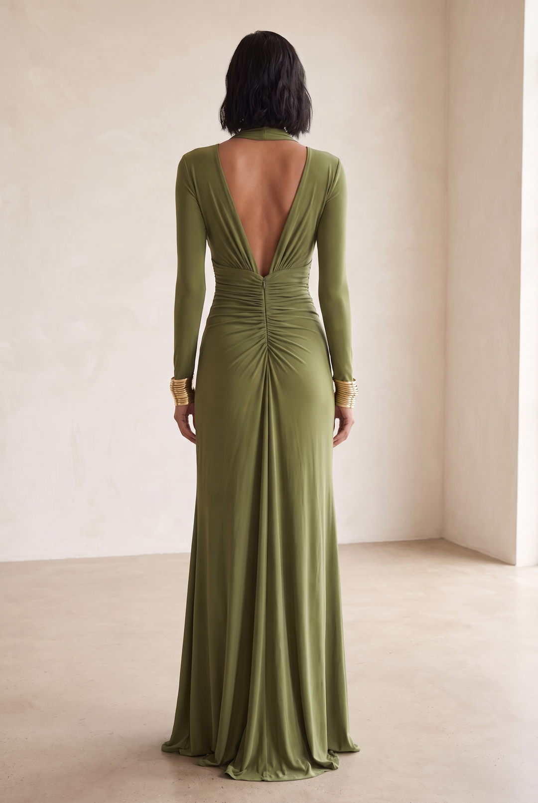 Women's Draped Formal Dress with Plunge Neckline