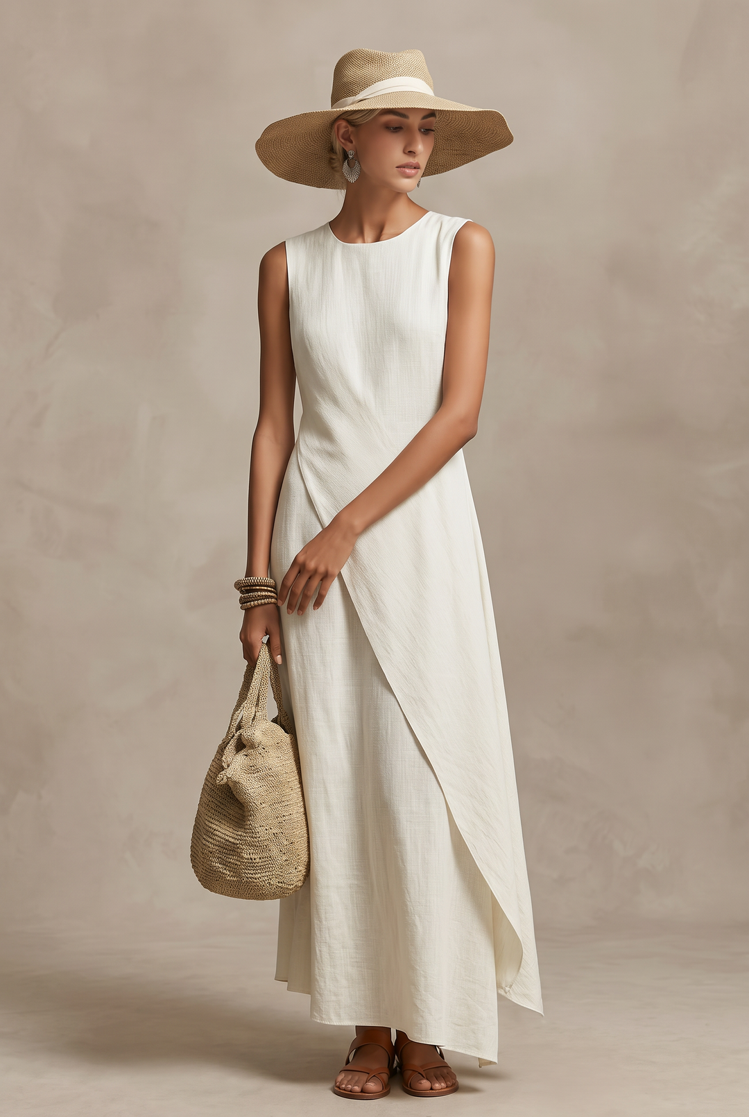 Women's Linen Sleeveless Wrap Maxi Dress