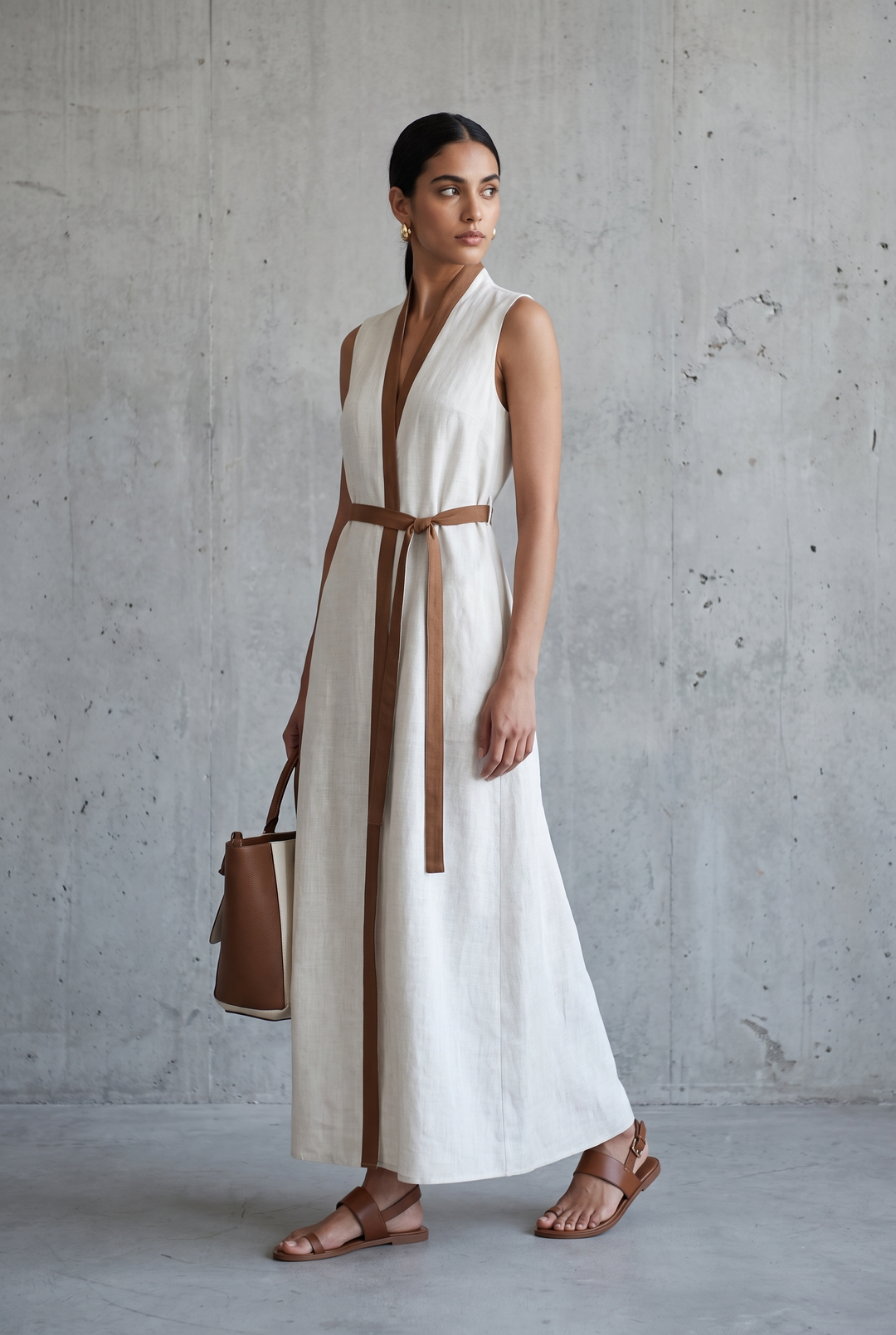 Women's Linen Contrast-Trim Maxi Dress