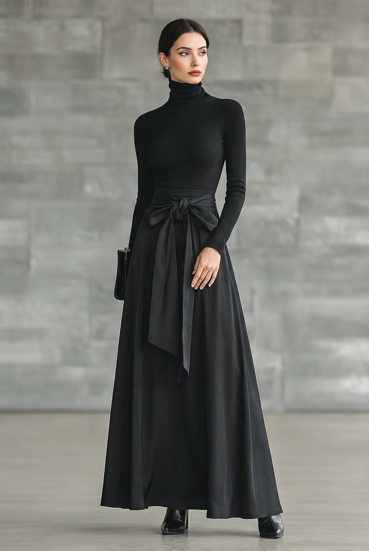 Women's Turtleneck Tie-Waist Maxi Dress