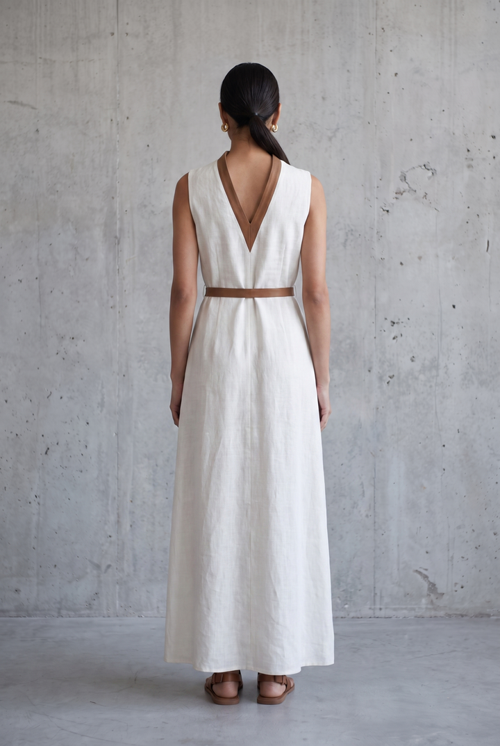 Women's Linen Contrast-Trim Maxi Dress