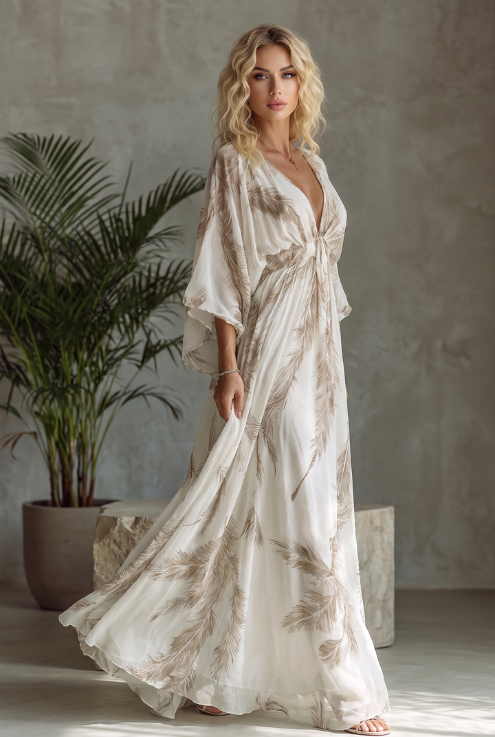 Women's Feather Print Maxi Dress with Flutter Sleeves